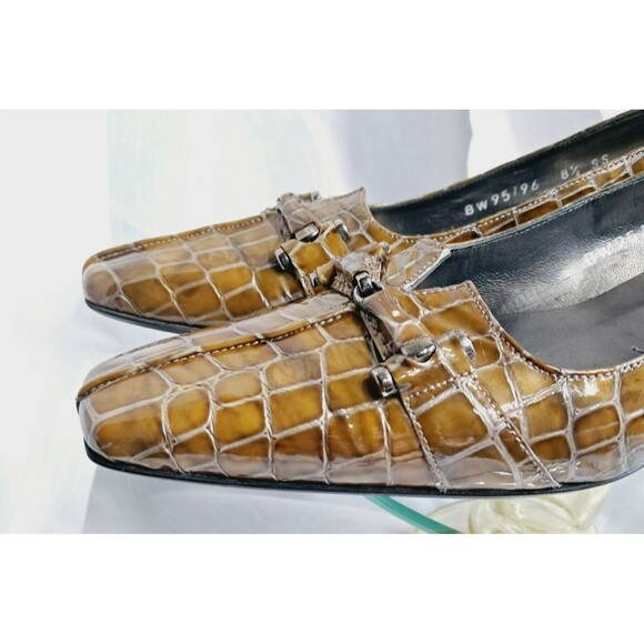 Stuart Weitzman Womens Pumps Brown Square Toe Buckle Croc Embossed Sz 8.5 - Picture 5 of 16